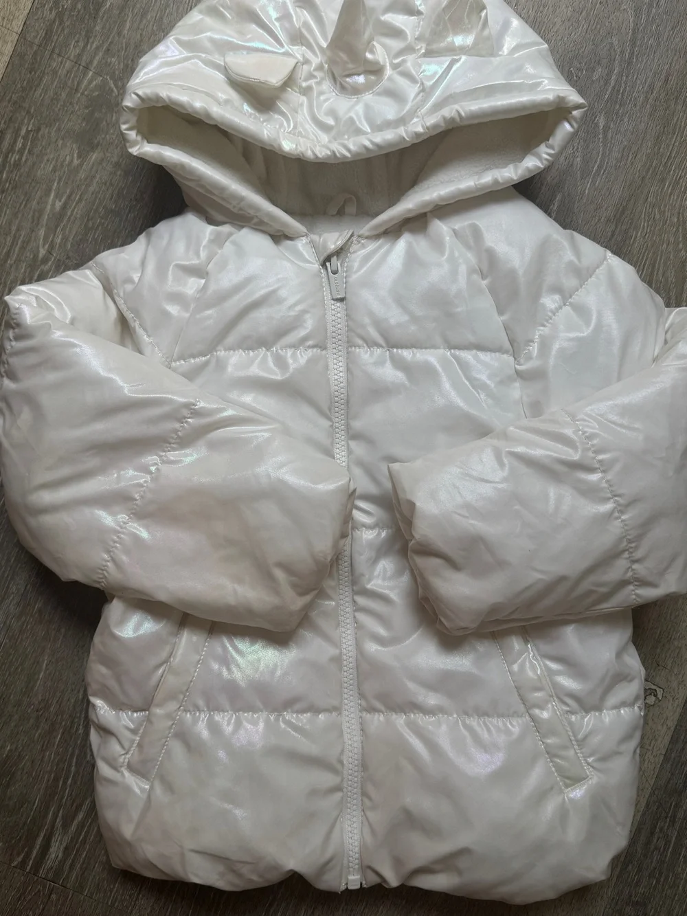 Old Navy Iridescent White Puffer Jacket with Hood and Horns